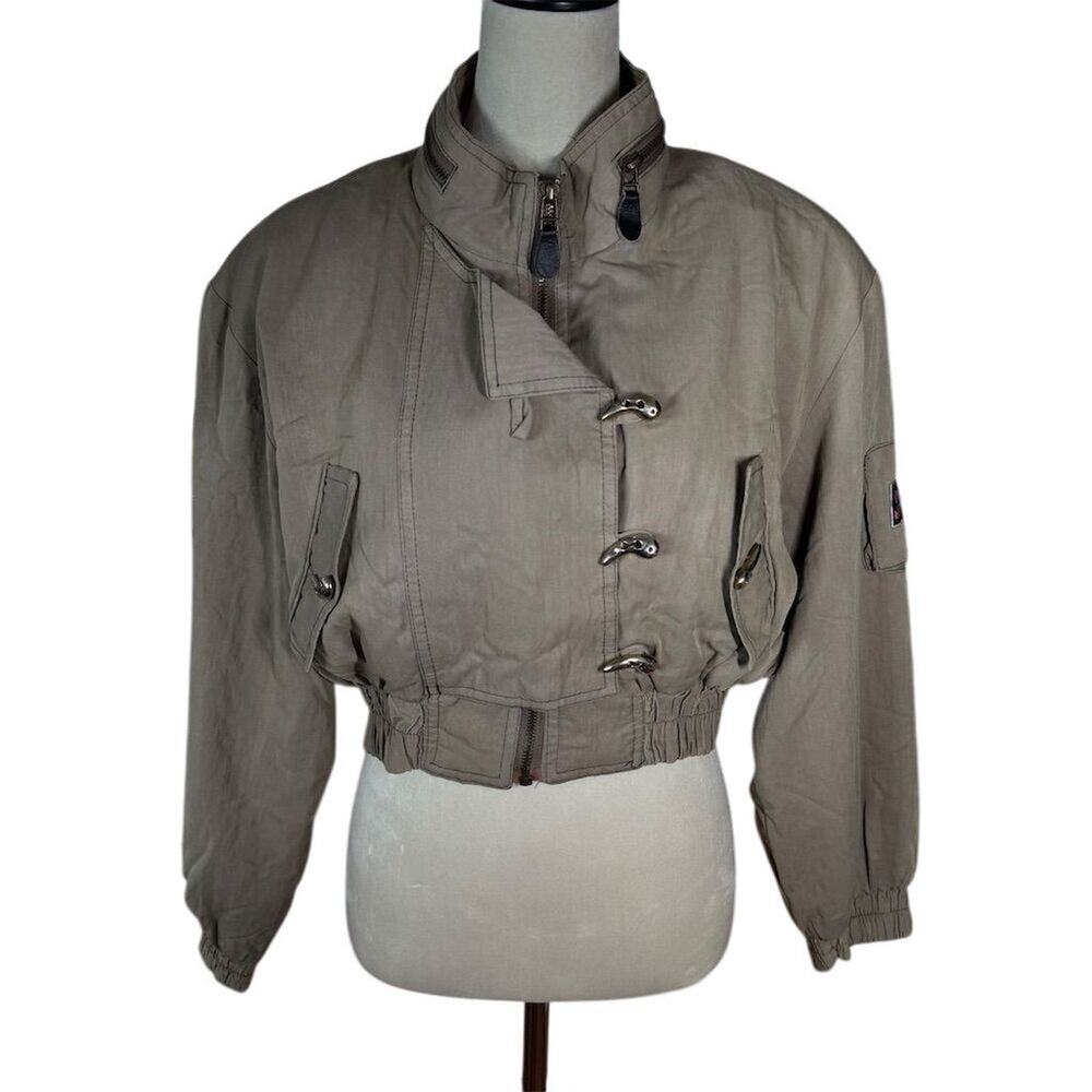 Vintage 80s Salar WomensAviator Bomber Jacket M Khaki gold buttons Shoulder Pads